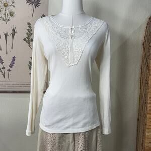 Vintage Y2k Cream Lace Trim Henley Top Coastal Cowgirl Coquette Fairy Grunge M L